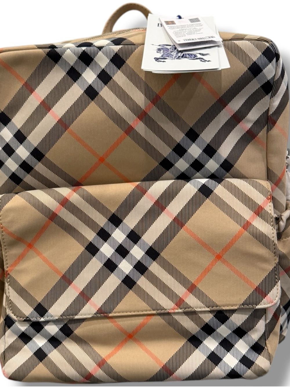 Burberry Tan Beige Nova Check Backpack with Black and Orange Plaid